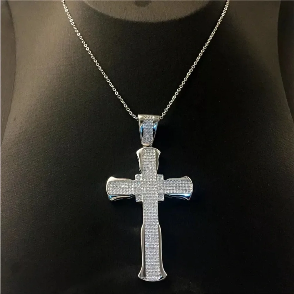 New Luxury 925 Silver Cross Men Women Diamond Necklace - Picture 2 of 16